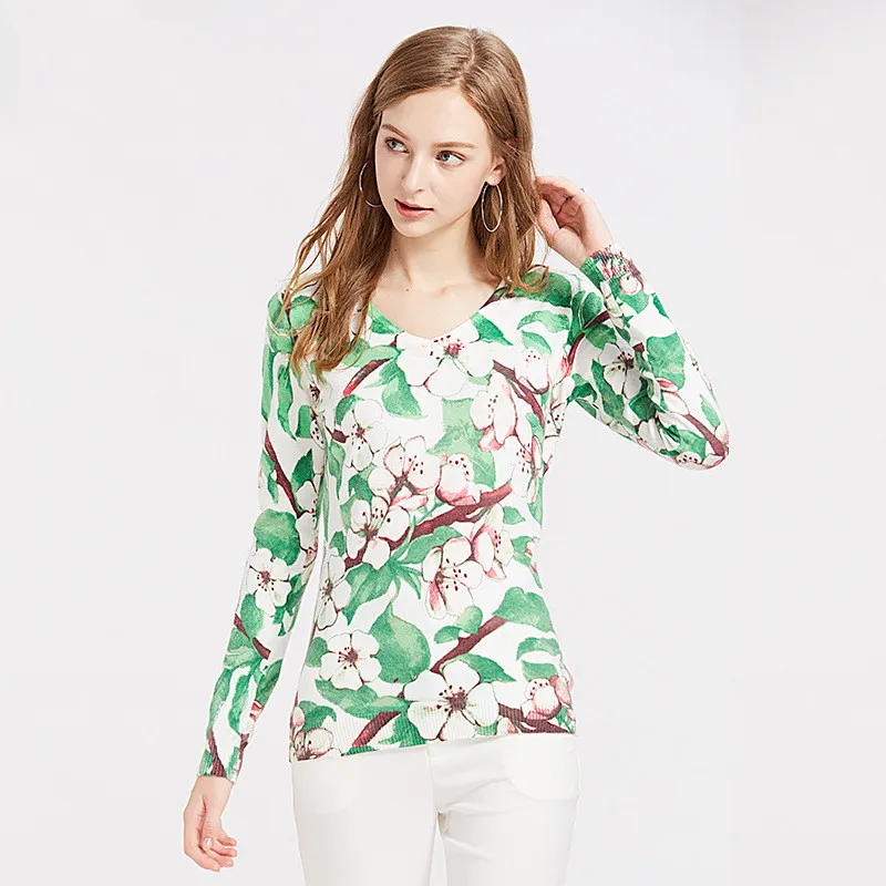 autumn 2018 women sweater pullovers knitted slim flowers print female clothes fashion casual lady jumper long sleeve V-Neck tops | Женская
