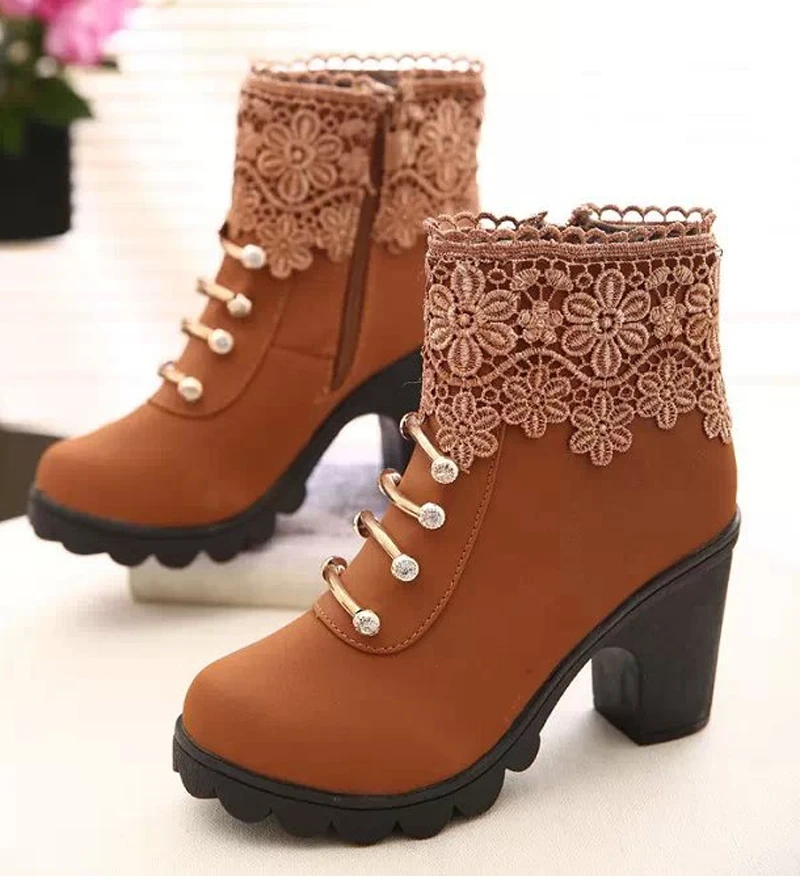 Brown Women Boots Ankle High Heels Thick Bottom Shoes New British Style Lace Rhinestone PU Woman | Обувь