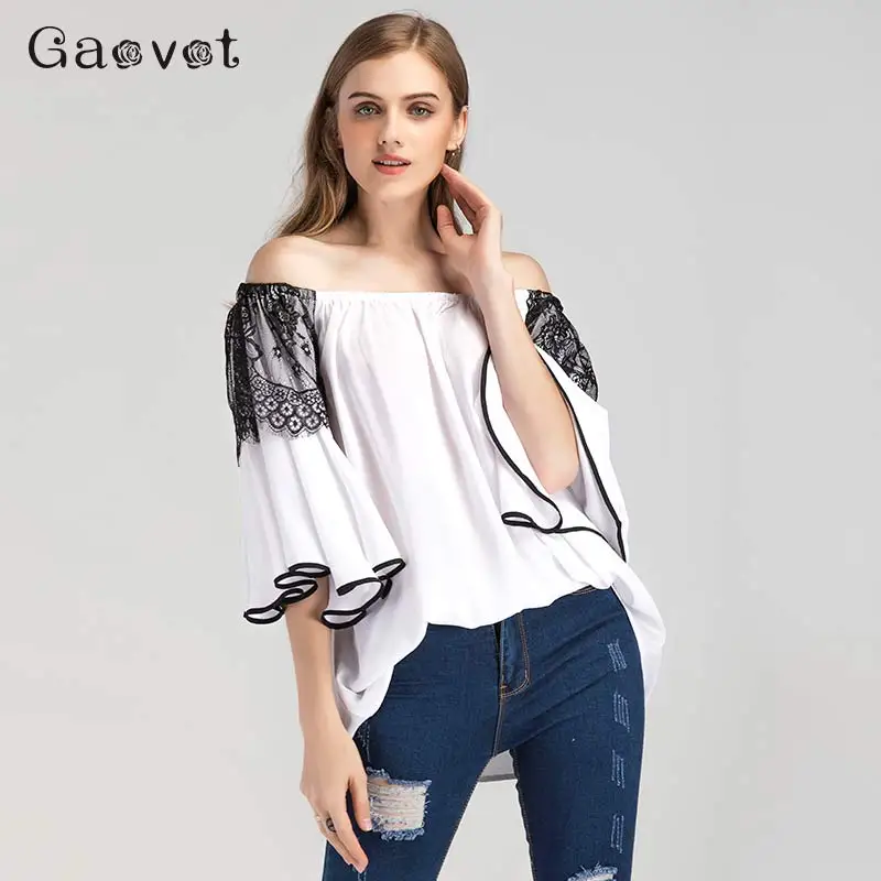 Сексуальные Slash шеи женские шифоновые рубашки с открытыми плечами 2019 летняя