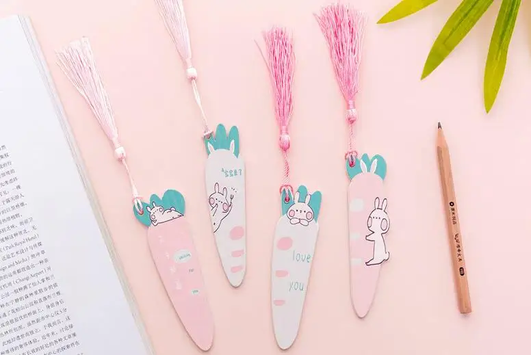 1 шт. Kawaii Кролик с морковкой кисточка закладки для книги маркеры милое животное деревянное линейка держатель страницы школьные канцелярские принадлежности, подарок