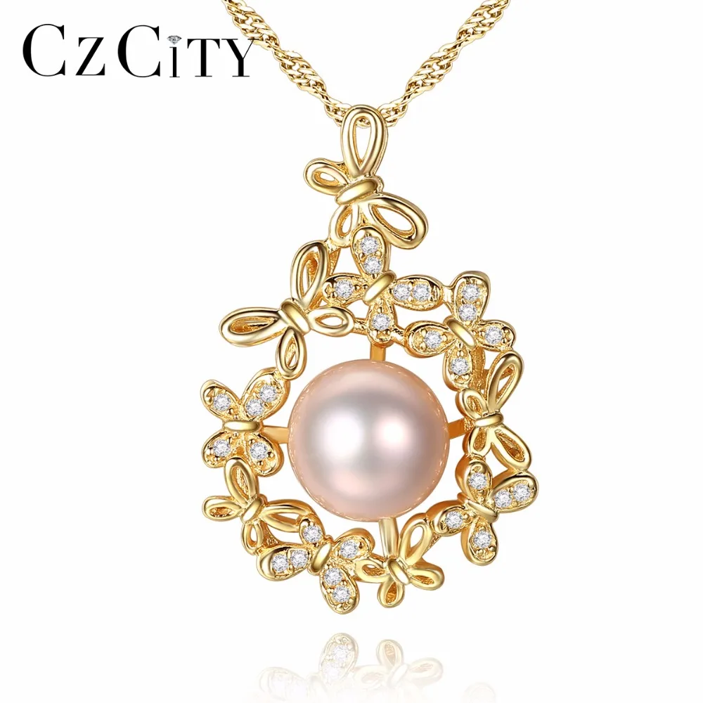 

CZCITY Luxury Flowers 925 Silver Chain Pendant Necklace for Women 9-9.5mm Freshwater Pearl Pendant Wedding Jewelry for Bridals