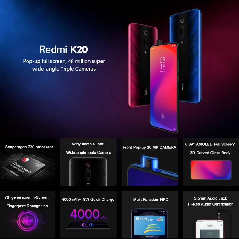 Xiaomi Redmi K20 8GB 256GB Смартфон Snapdragon 730 Octa Core 48+ 20 Мп Камера 6,3" AMOLED Полный Экран 4000 мАч 18 Вт Quick Charge