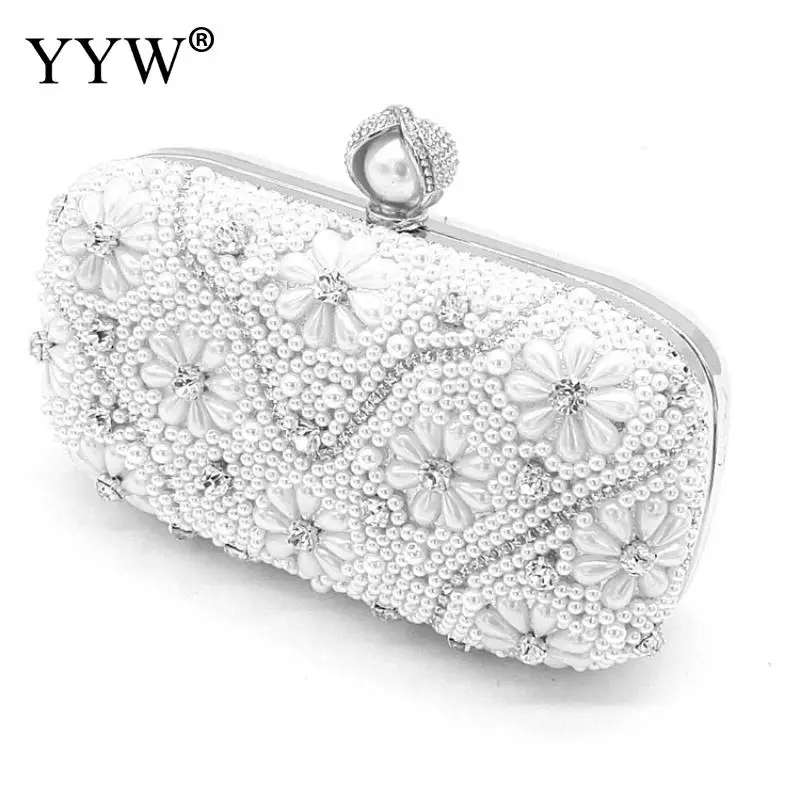 

Gold Sliver Clutch Bag Women Chain Shoulder Bags With Plastic Pearl Floral Evening Crystal Clutch Party Bridal Diamonds Purses