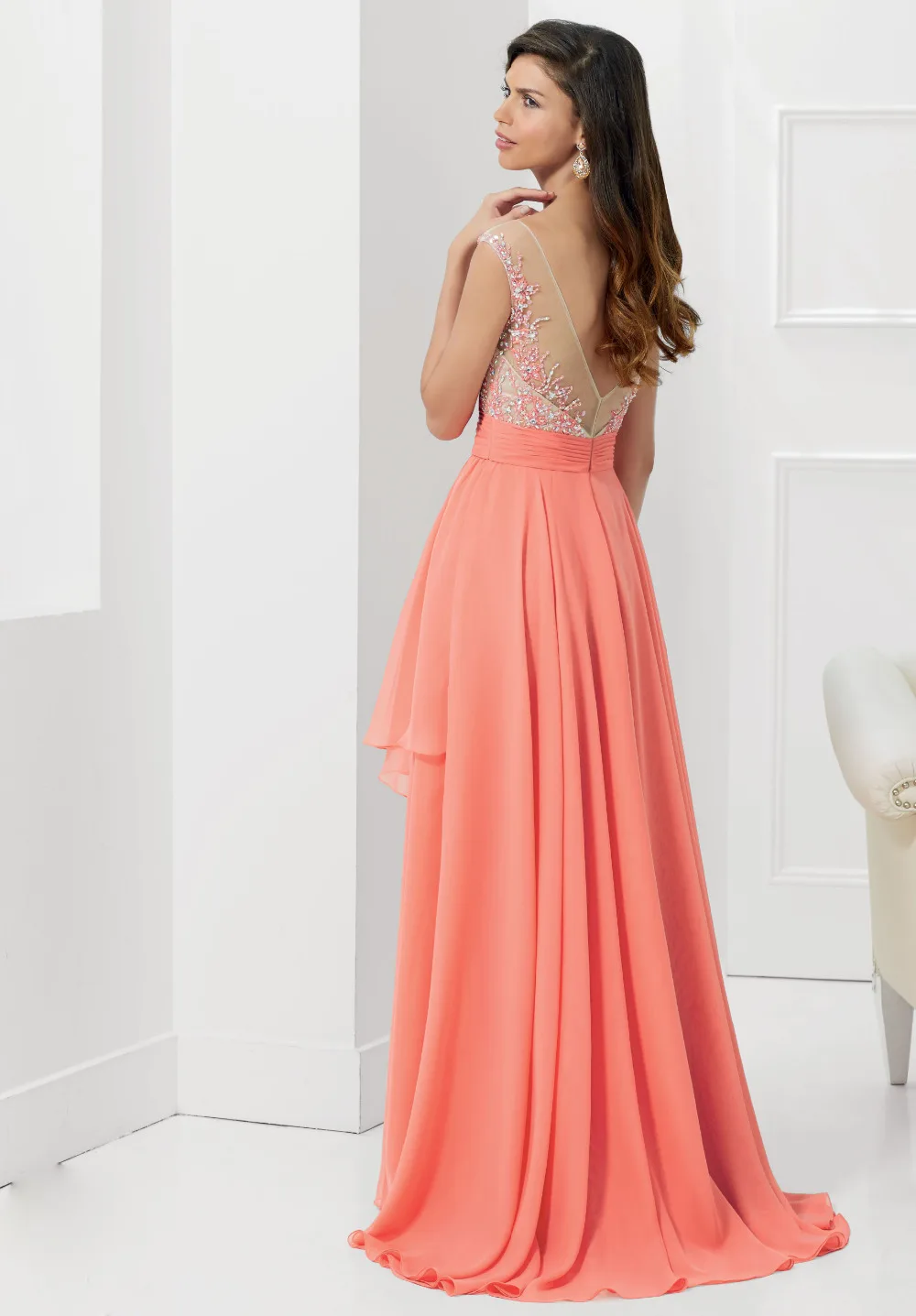 Новое Прибытие Вечерние Платья Длинные 2017 сшитое Coral Sexy Шифон Милая Для Свадьбы |
