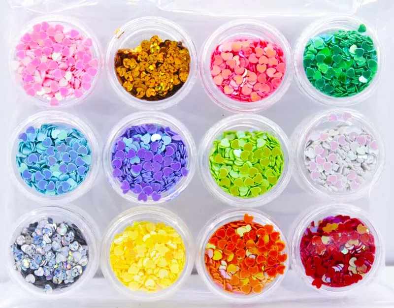 

12 pots in ONE 12 Colours Valentines Nail Art HOLLOW HEART Shape Spangles Glitter Holographic