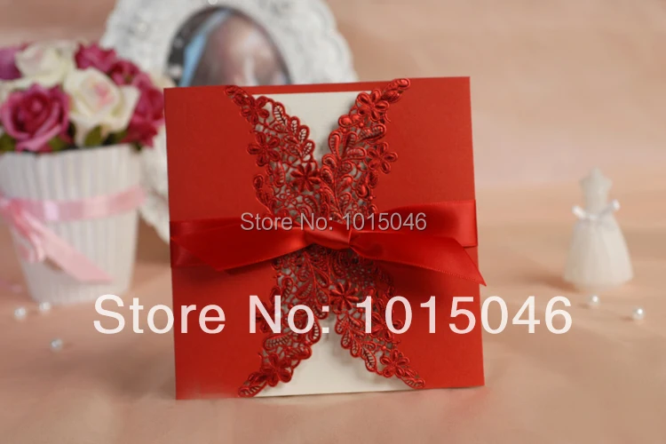 10 X красная Свадебная пригласительная открытка с лентой лазерной резки/открытка