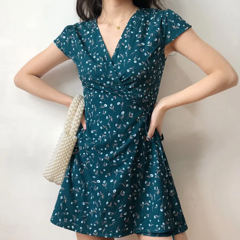 Women V Neck Short Sleeve Wrap Dress In Floral