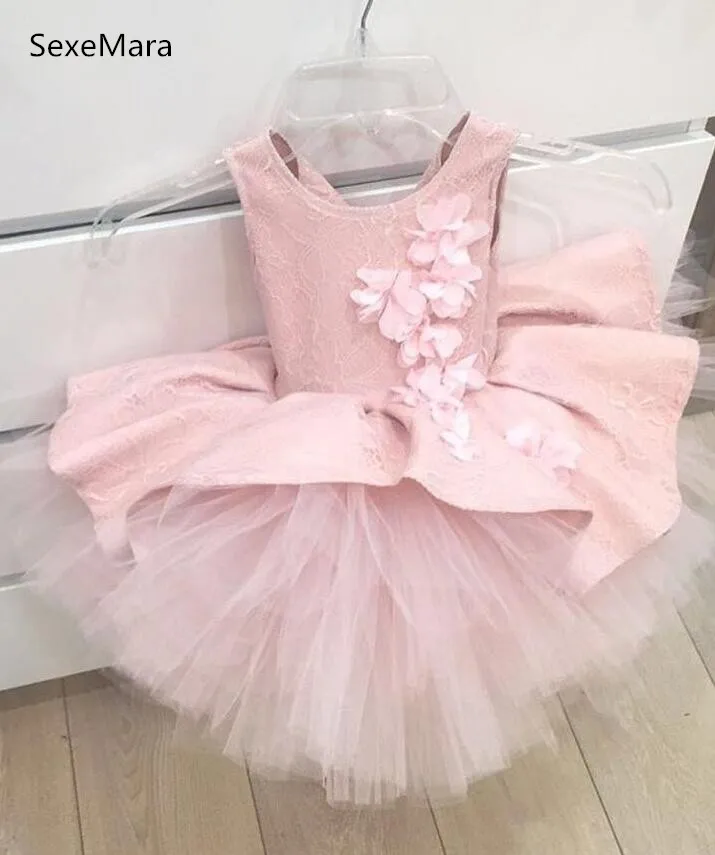 pink soft tulle lace flower girl dress with 3D flowers baby girls birthday party gown toddler outfit custom made