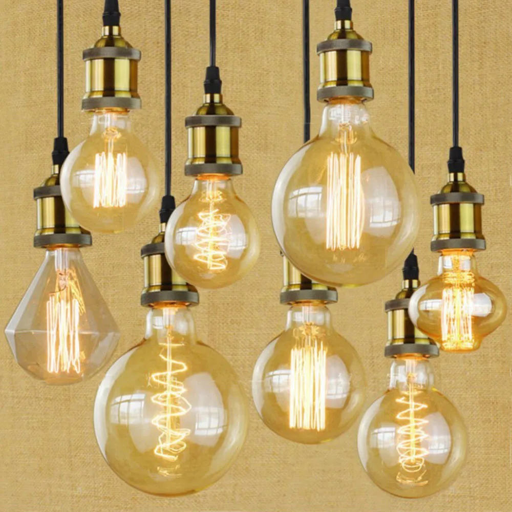 E27 40 Вт Винтаж освещения Вольфрам нити Edison ЛАМПЫ мяч теплый желтый цвет/держатель
