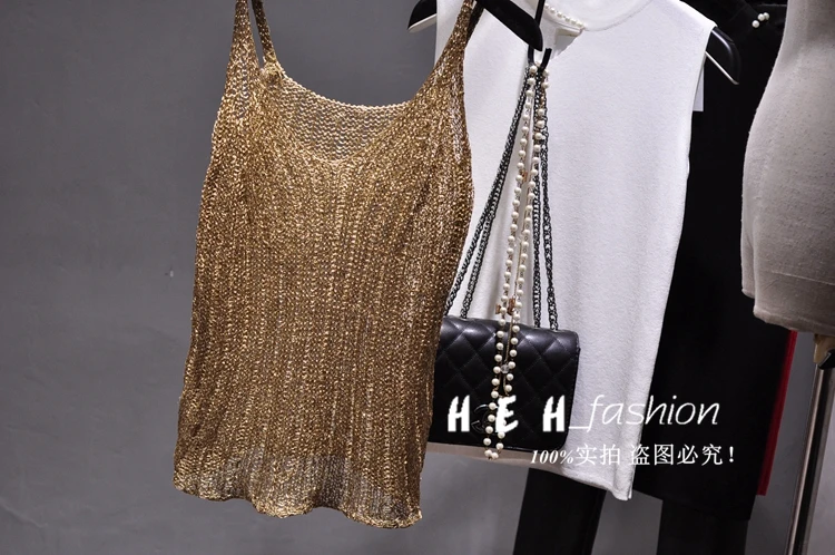 Cakucool золотым люрексом трикотажные майки Для женщин пикантные открытые рубашка