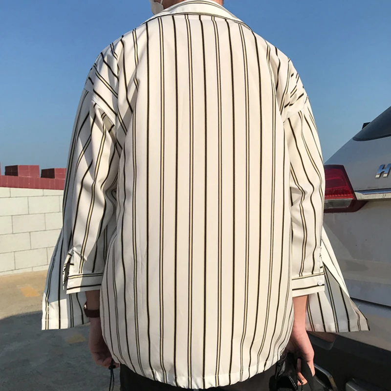 Mens three quarter sleeve black white striped shirt men streetwear regular fit casual Korean fashion dress xxxl 2019 summer CS45 | Мужская
