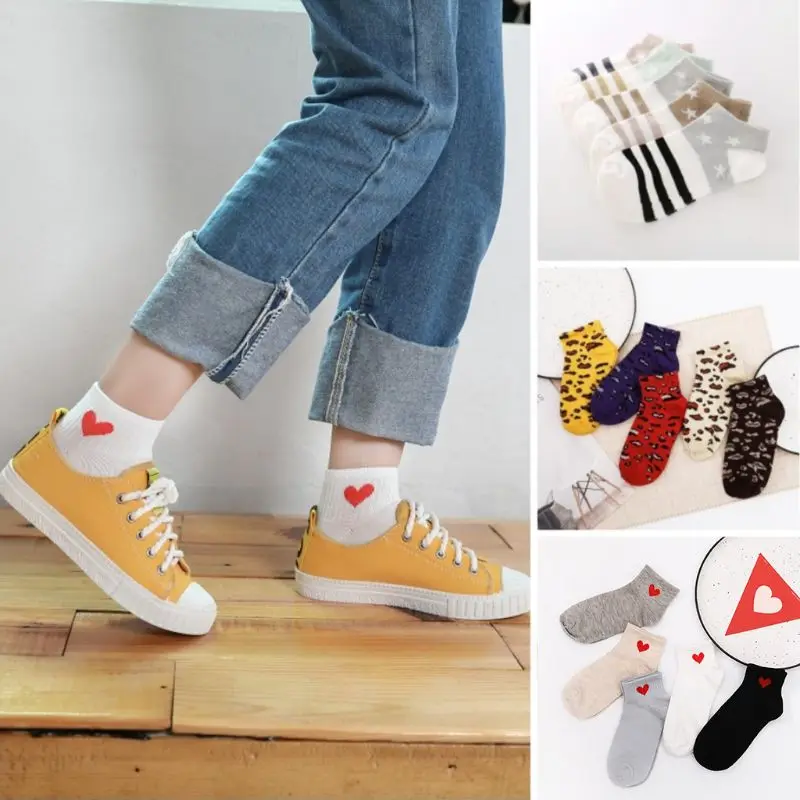 15 Styles Women Unisex Korean Cotton Short Boat Socks Non-Slip Ribbed Sweet Girls Leopard Cute Cat Printed Hosiery Random Color | Женская