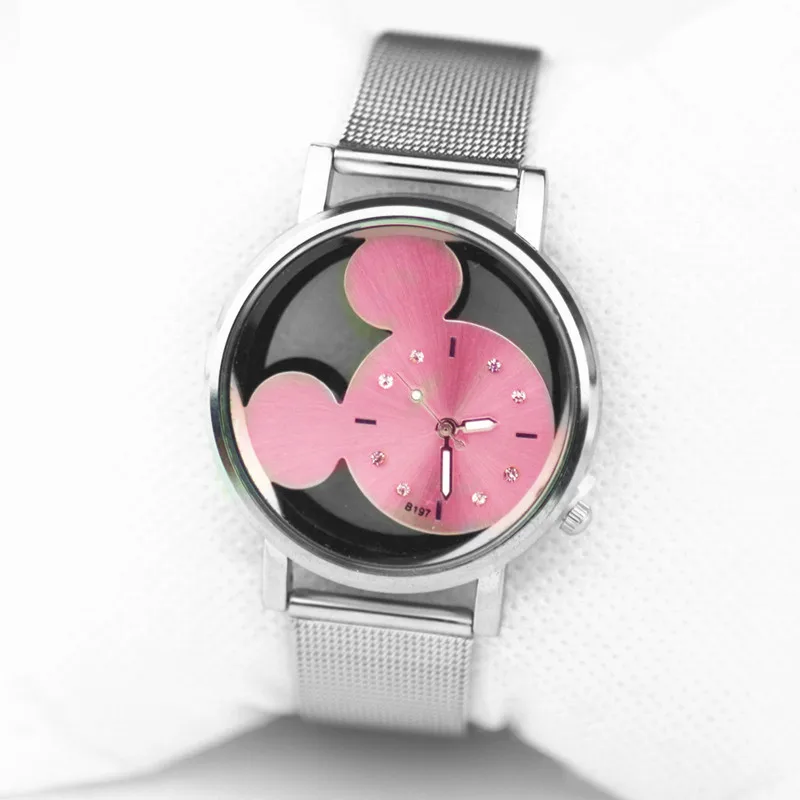pink Reloj mujer, хит, роскошный бренд, медведь, металлическая сетка, нержавеющая сталь, повседневные кварцевые часы, женское платье мультяшная мышь, часы, часы - Цвет: pink