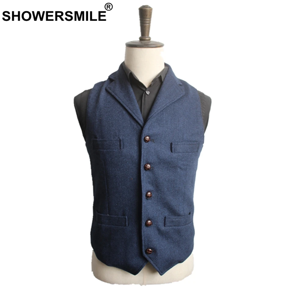 blue vest SHOWERSMILE мужской темно-синий костюм жилет мужской шерстяной твидовый пиджак в елочку винтажный осенний шерстяной приталенный мужской жилет 3XL 4XL - Цвет: blue vest
