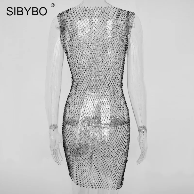 Женское ажурное платье SIBYBO прозрачное облегающее с вырезами и стразами вечерние