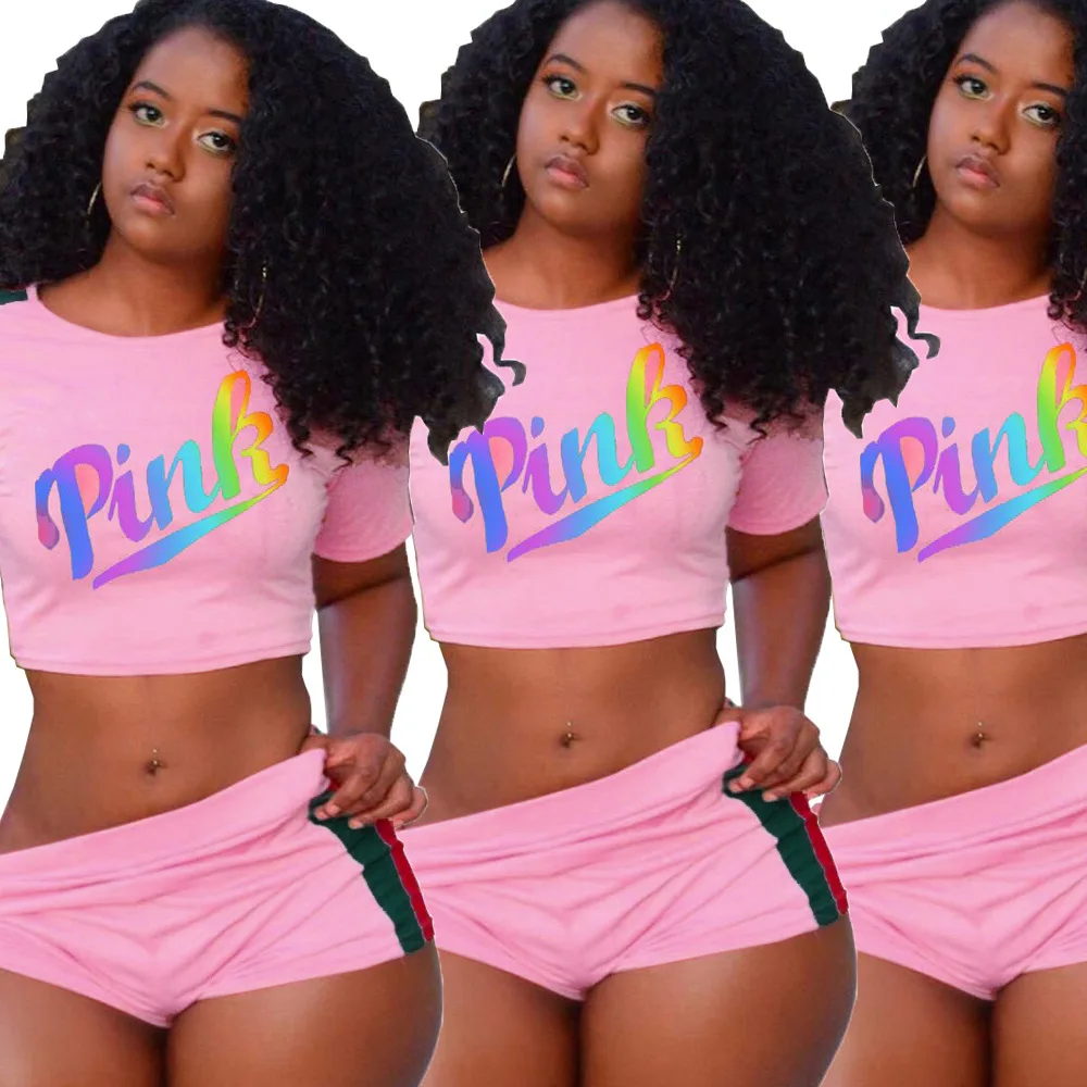 Розовый повседневный комплект из 2 предметов с буквенным принтом летние