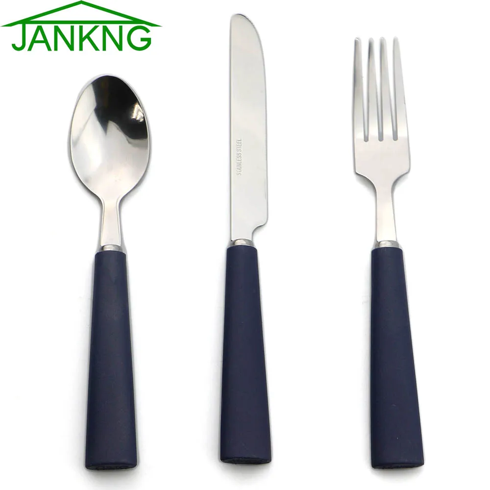 JANKNG набор посуды из нержавеющей стали, детские столовые приборы, матовая синяя ручка, вилка, нож, столовые приборы