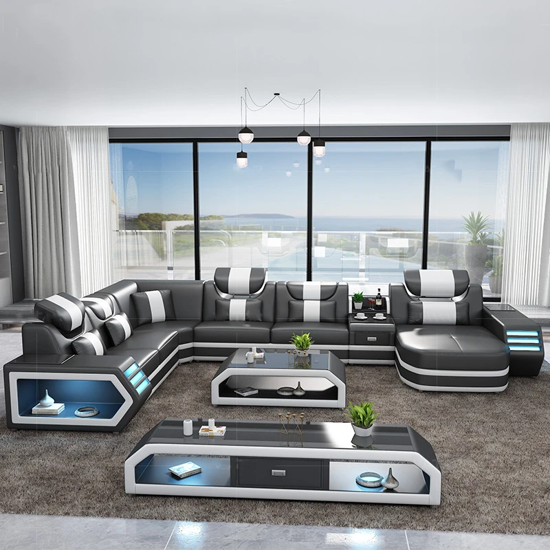 Top real leather Wholesale living room furniture cheap corner sofa set 5 6 7 seater sectional with Led light | Мебель