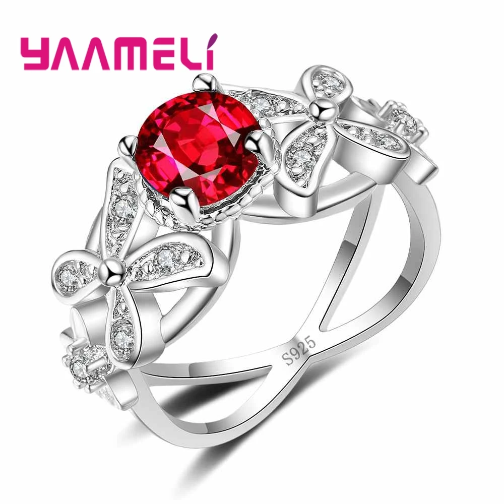 

Romantic Crystal Embellishment White/Red/Green/Blue Stone Flower Shape Ring Engagement 925 Sterling Silver For Women