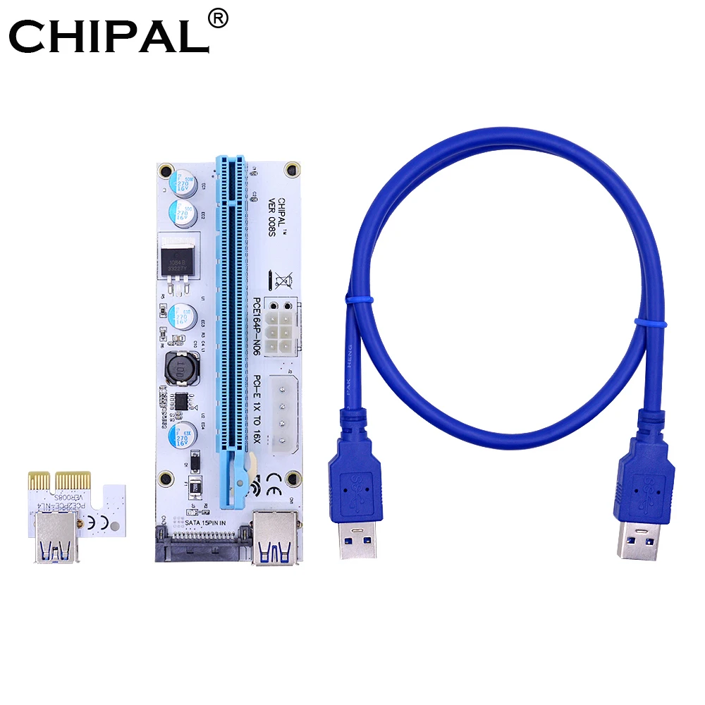 CHIPAL 10 шт. синий 60 см VER008S PCI E 1X до 16X Райзер карта 008 PCIE с 4pin 6pin SATA Power для майнера BTC