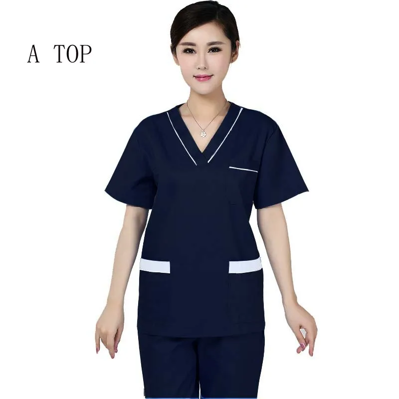 dark blue top Женская мода на каждый день Топы Цвет блокировка дизайн форменной одежды для Топ с V-образным вырезом медицинская униформа для сотрудниц спа-салонов(только в верхней части - Цвет: dark blue top