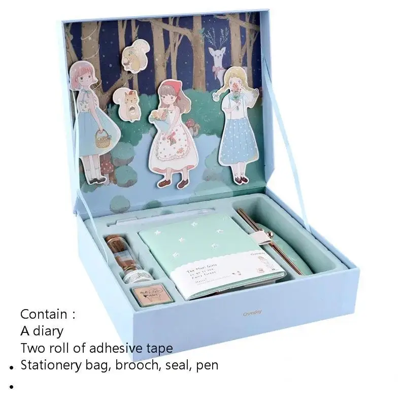 Green Gift Box Set Твердый переплет Подарочная коробка сказка Изысканная иллюстрация искусство Дневник расписание планировщик блокнот тетради школьные принадлежности для девочки - Цвет: Green Gift Box Set
