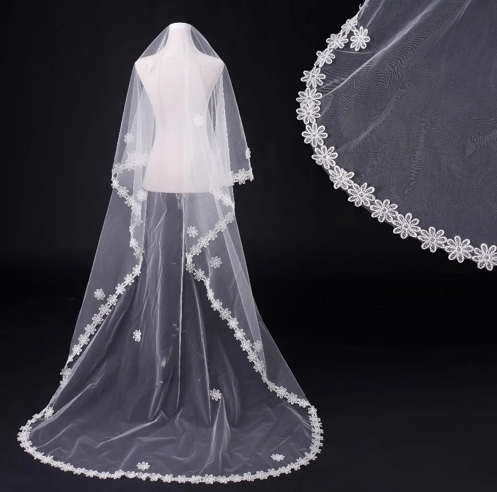 Новое поступление 1.8 м длинное Слои Цветок край Белый фаты фату свадебное платье