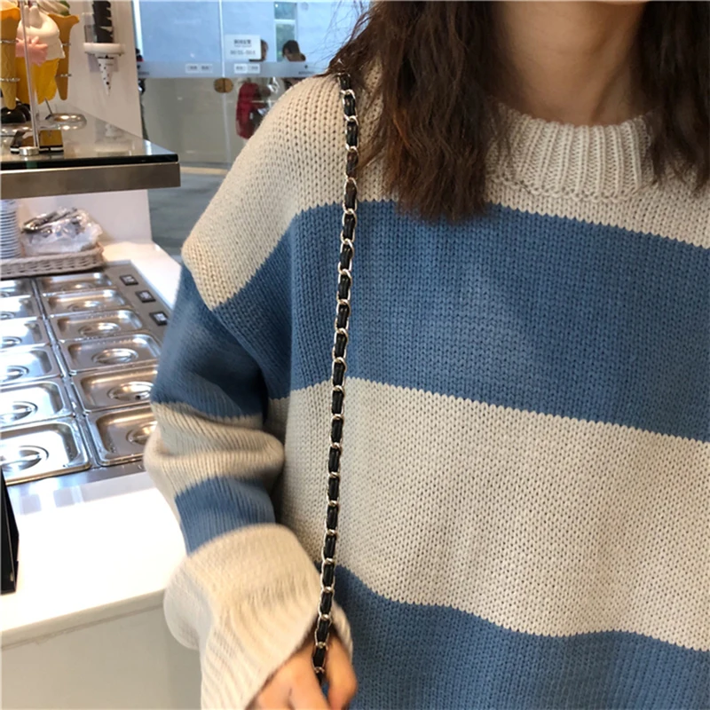 Пуловеры женские в широкую полоску с круглым вырезом свободные Harajuku корейский стиль уличная одежда свитер Топ женский пуловер Джемпер Высокое Качество Шик