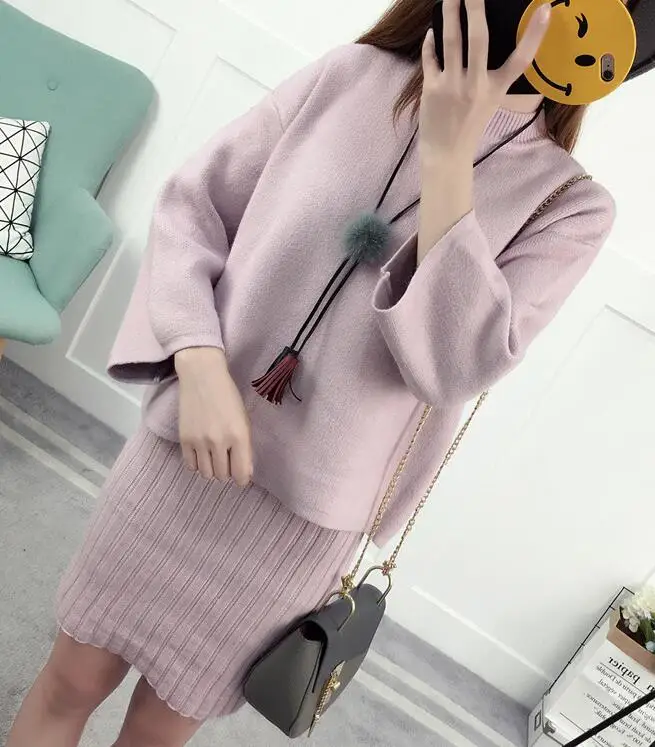 pink Новинка, горячая распродажа, женская одежда, Женский трикотажный свитер из двух частей, платья, Женский пуловер, Повседневные свитера, платье - Цвет: pink