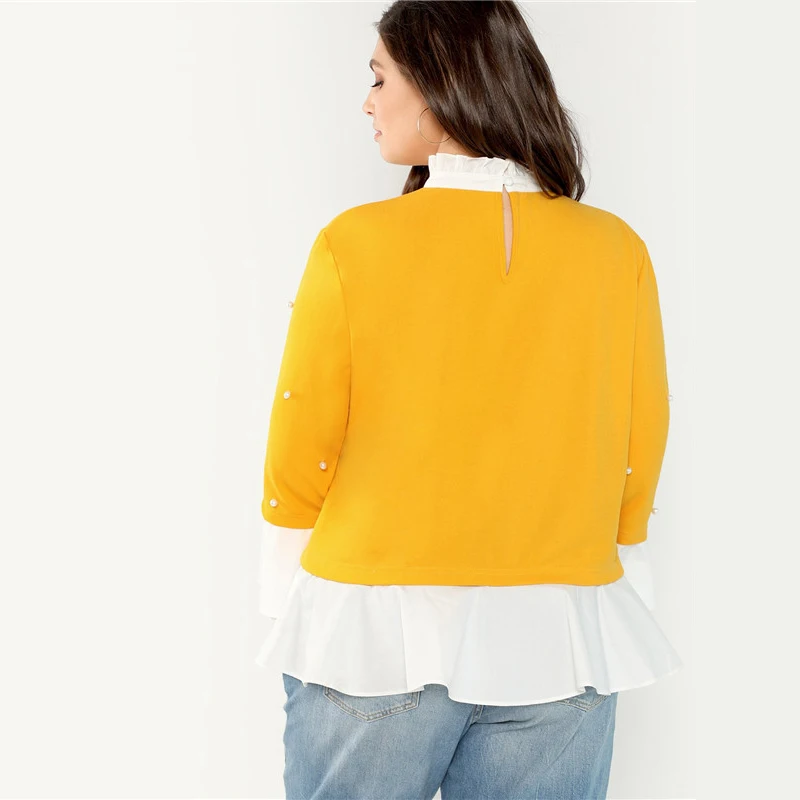 SHEIN Плюс Размеры Отделкой Оборкаой Блузка С Бисерами Элегантный Топ С Воланами С Жемчугом На Пуговицах