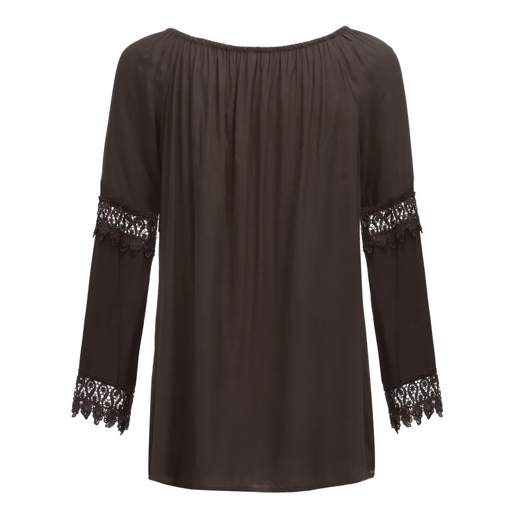 Размера плюс S-5XL Женские топы с открытыми плечами Boho одноцветные женские сексуальные кружевные с длинным рукавом Блузка Топы Свободного Покроя blusas mujer de moda