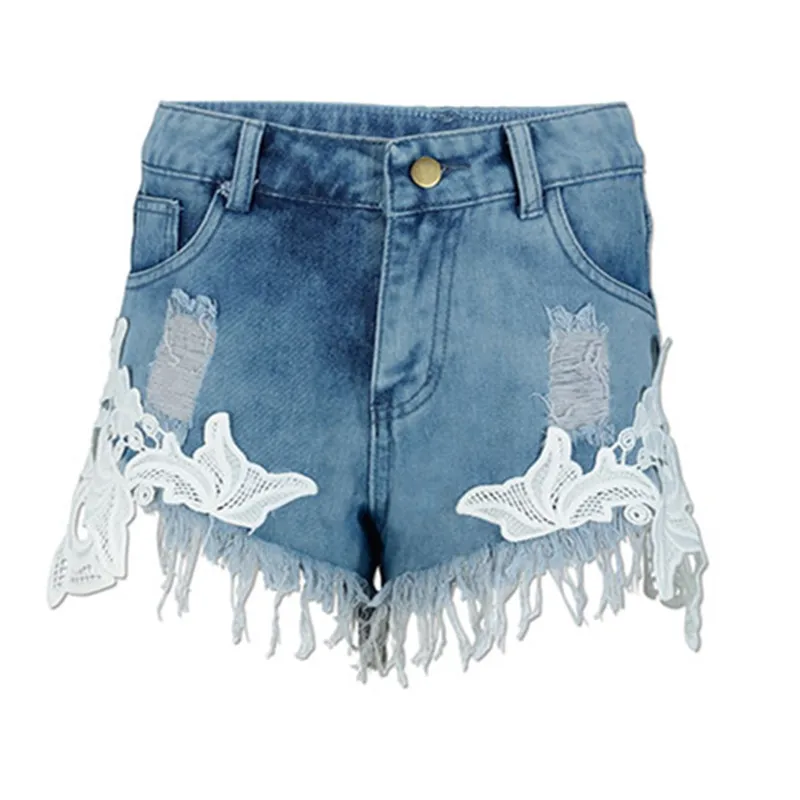 denim Danjeaner шорты, женские кружевные джинсовые шорты, модные брендовые винтажные шорты с высокой талией и кисточками, сексуальные джинсовые шорты размера плюс - Цвет: denim