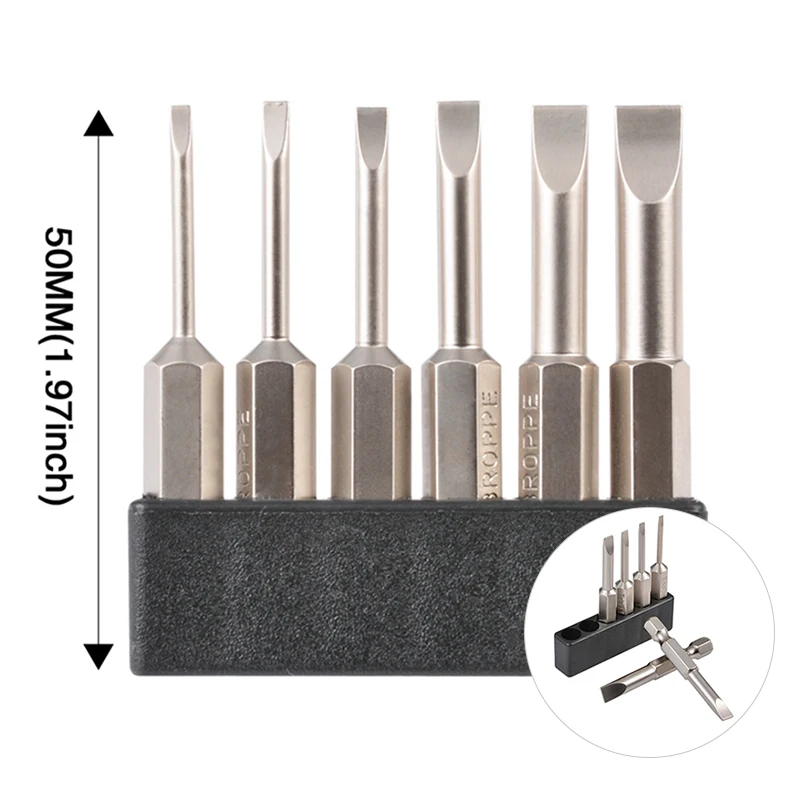 

6pcs/set 2.0-6.0mm Magnetic Slotted Screwdrivers Bits S2 Alloy Steel Flat Head 1/4" Hex Shank Slotted Tip Screwdrivers Bits 50mm