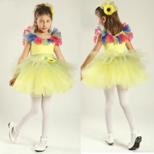 Феи с цветами для танцев платье пачка юниоров желтое балетное девочки желтого