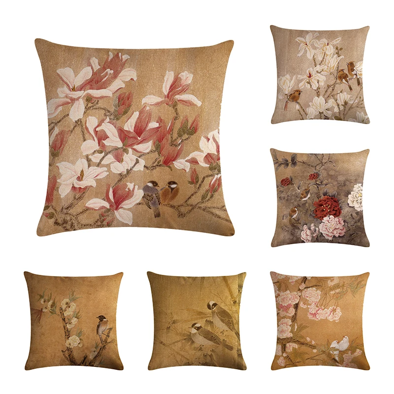 45*45CM Retro flower and bird landscape painting Cushion Covers  Gifts  Linen Baby Birth Gifts Throw Pillow CoverZY03