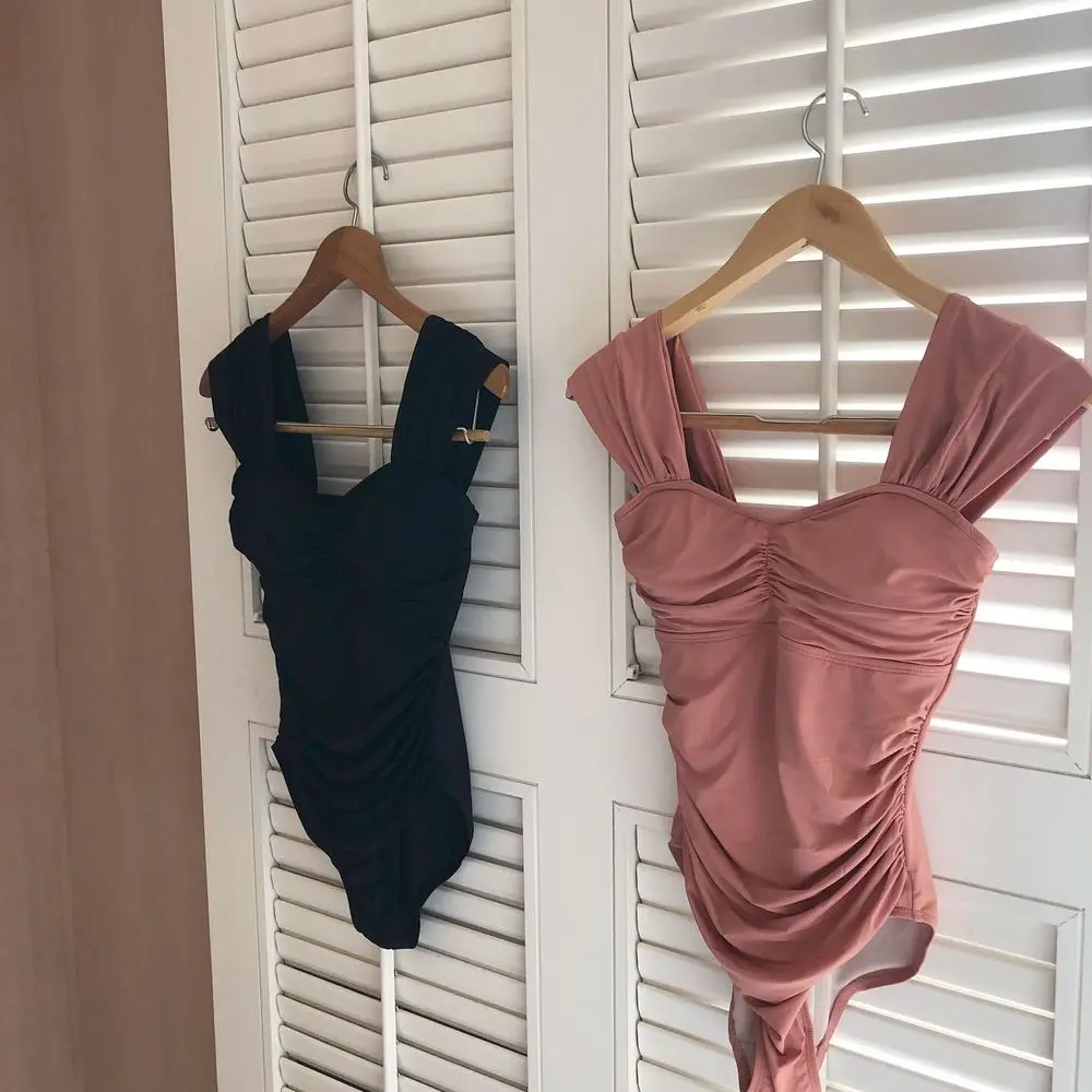 Korea Vintage Baby Pink Shirred Ruched One Piece Swimsuit Sexy Tummy Control Push Up Swimwear Women Monokini Bathing Suits