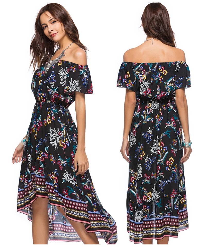 Boho wrap платья женское летнее короткое платье в богемном стиле на одно плечо платье повседневное свободное пляжное платье миди с цветочным принтом