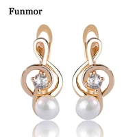funmor simulated pearl musical note stud earrings gold color cubic zircon ear studs engagement gift women copper earring brinco
