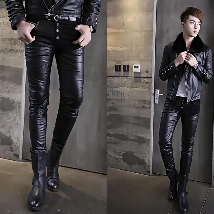 Splice personality fashion pu pants men leather trousers pantalones hombre cargo feet for pantalon homme black autumn | Мужская одежда