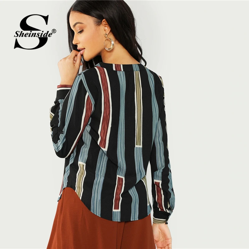 Sheinside, свернутая полосатая рубашка с рукавами, уличная Женская мода, летняя стильная блузка на пуговицах, повседневный женский топ