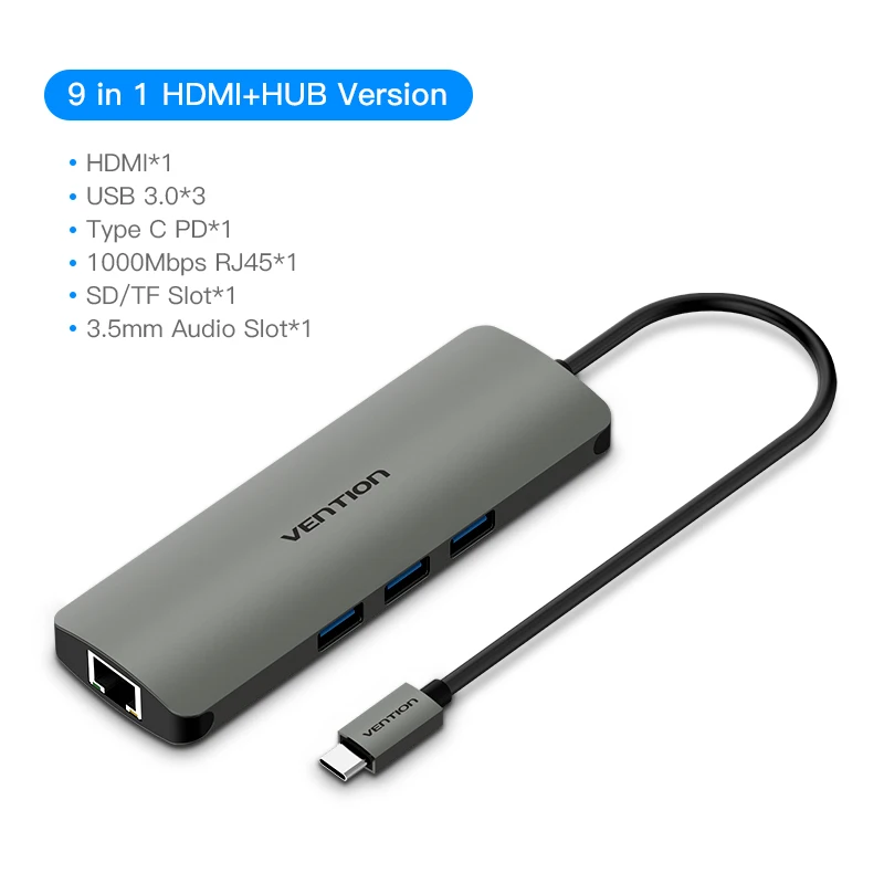Конвертер Vention usb type C в HDMI VGA USB 3,0 PD мощность 3,5 мм аудио RJ45 Ethernet адаптер SD/TF кардридер usb-хаб - Цвет: gray 9 in 1