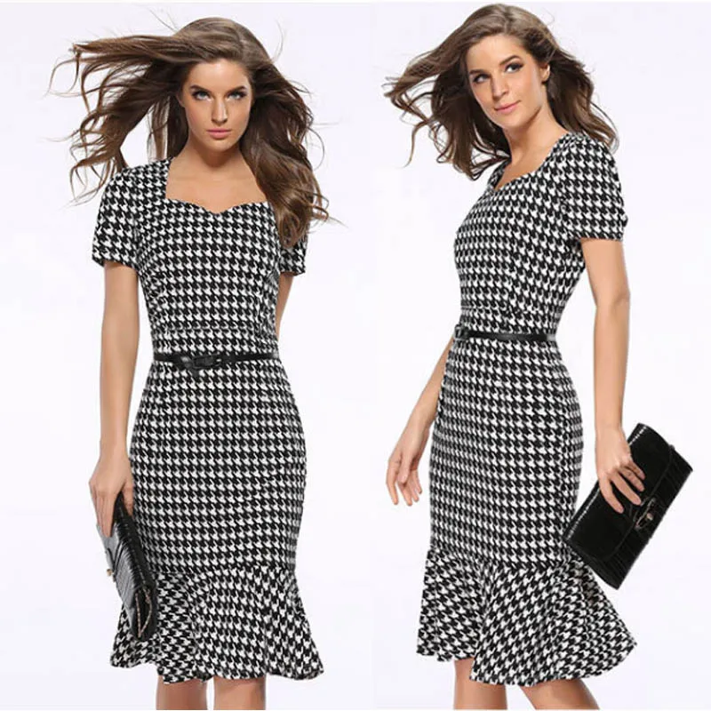 

YOUNG VIVA Women Dresses Short Sleeved Square Collar Lattice Pattern Belt Bodycon Dress l040
