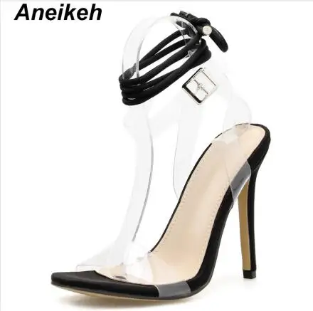 Black Aneikeh/ г. пикантные прозрачные босоножки на высоком тонком каблуке из ПВХ женская обувь летние туфли-лодочки на шнуровке с перекрестными ремешками и квадратным носком размер 42 - Color: Black