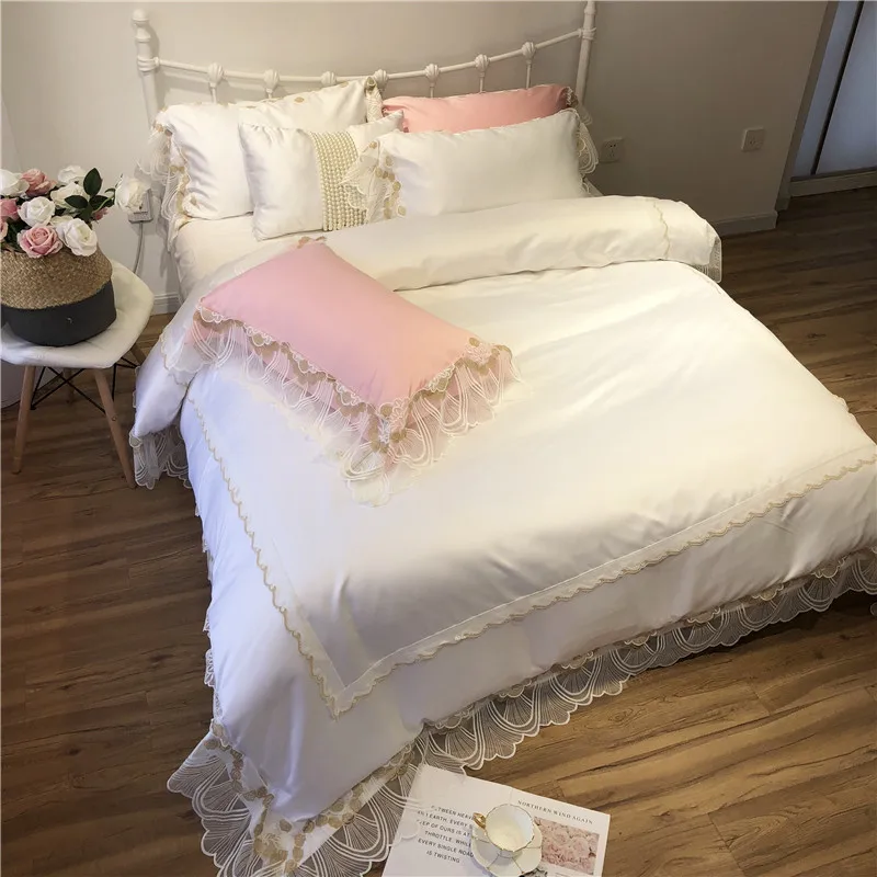 Princess luxury White Pink Violet Romantic lace silk Cotton Wedding Bedding Set Duvet Cover Bed sheet Linen Pillowcases 4pcs | Дом и сад