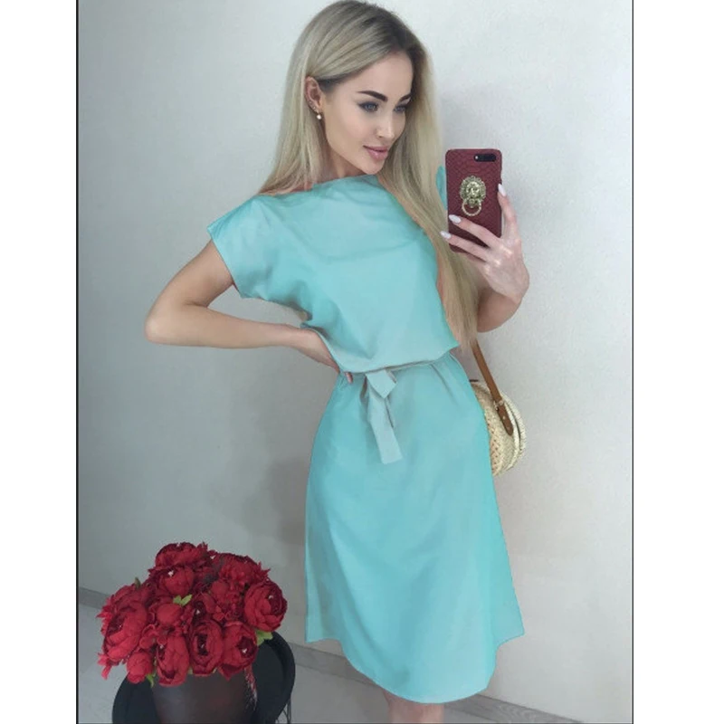 Women Vintage Sashes A-line Party Dress Short Sleeve O neck Solid Elegant Knee Length 2019 Summer New Fashion | Женская одежда