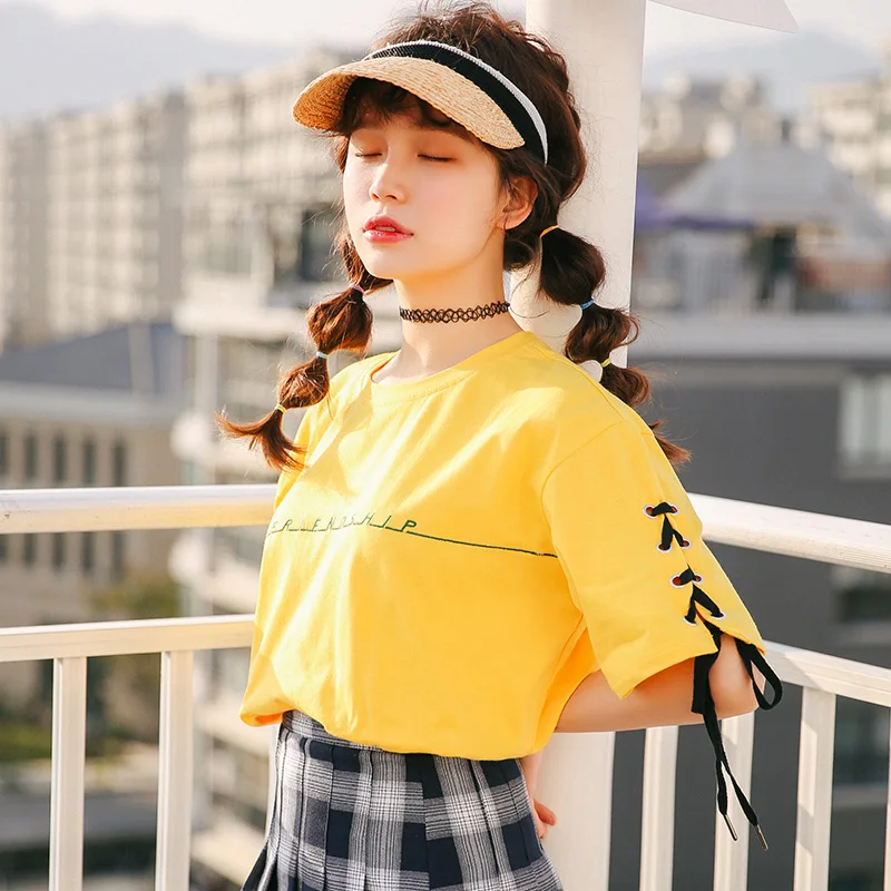 Женская винтажная Корейская одежда harajuku модная летняя футболка с вышитыми