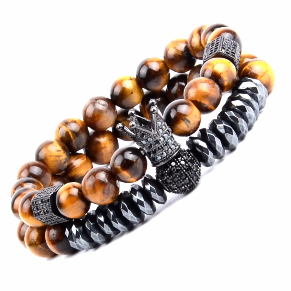 

Brand Beaded Bracelets Bangles Men Natural Tiger Eye Stone Beads Bracelet Crown Charm Bangle For Women Gift Pulseras Masculina