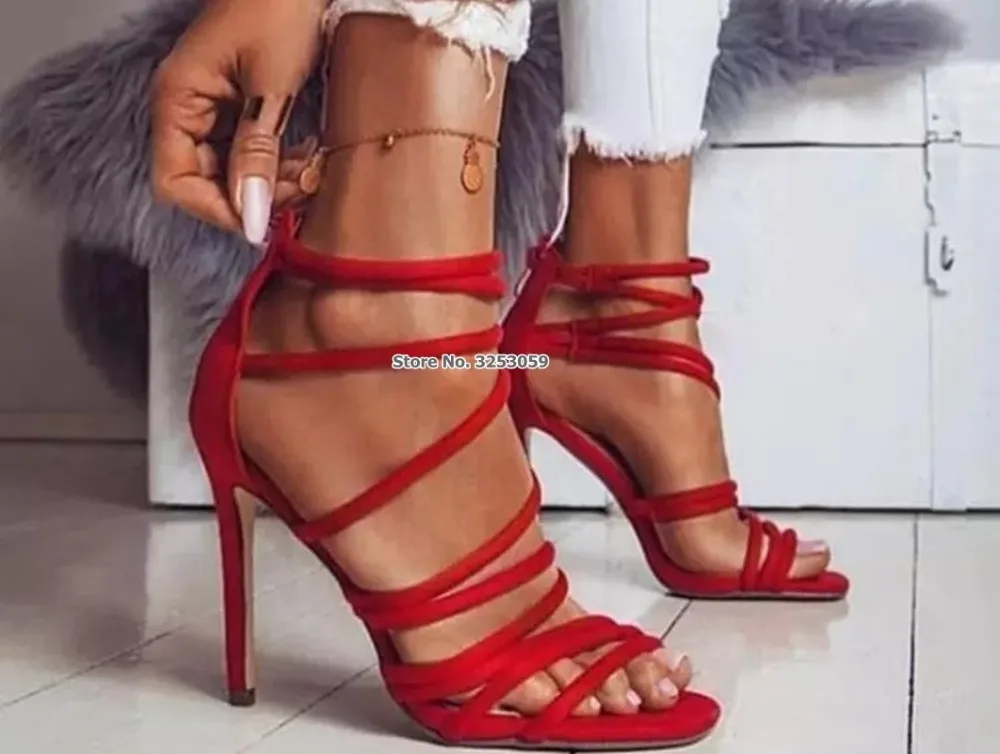 Красные замшевые сандалии ALMUDENA на высоких каблуках с перекрестными ремешками