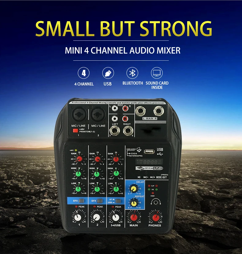 

Popular 4 Channel Mixing Console Aux Paths Plus Effects Processor Mini Micro Small Audio Mixer Console with Bluetooth USB