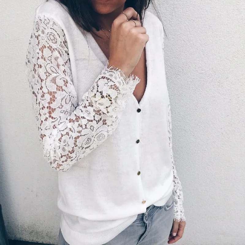 Осенняя Женская белая кружевная блузка с V образным вырезом и длинным рукавом в